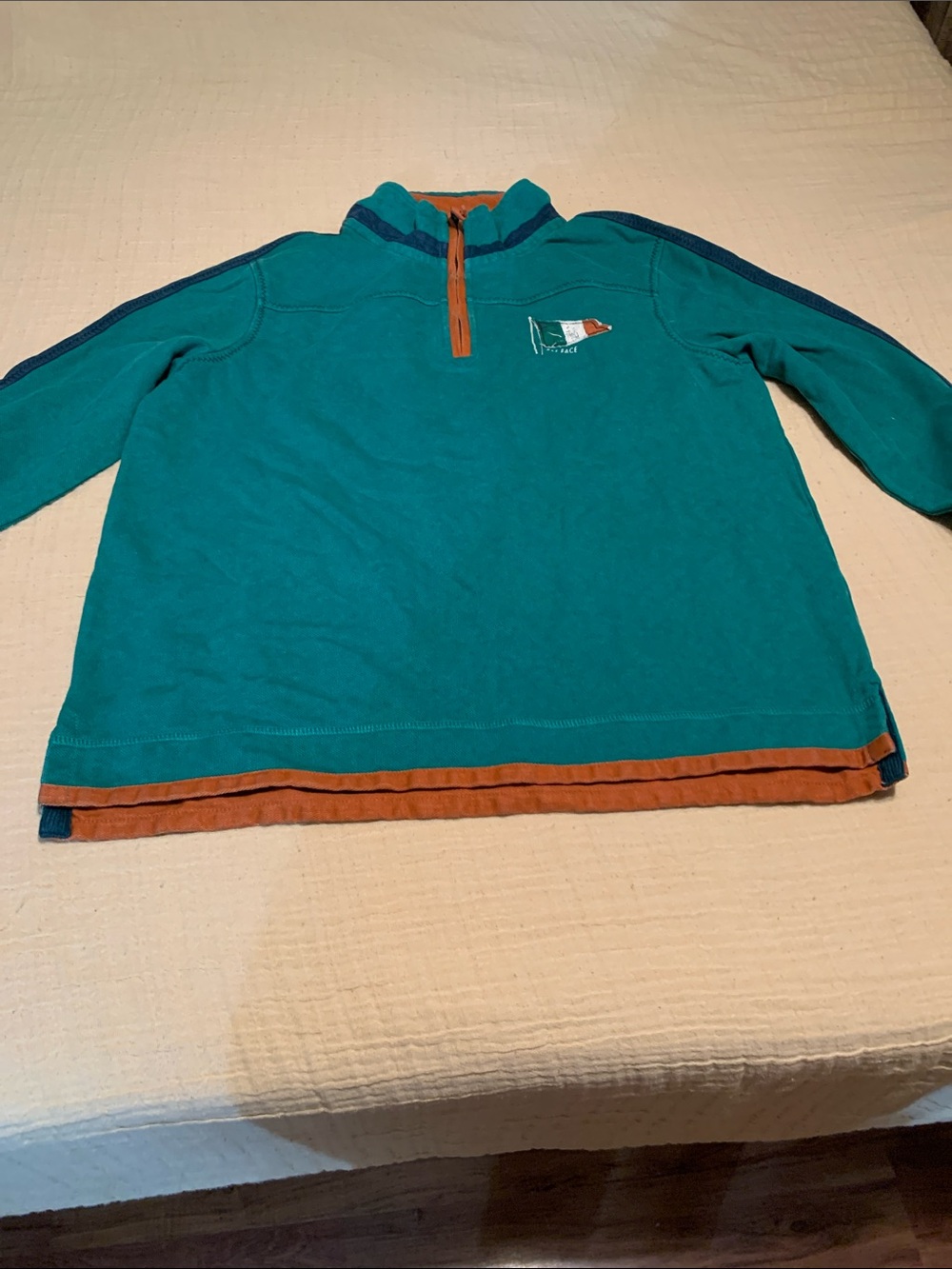 Fat Face Teal Half-Zip Sweater with Rust Trim